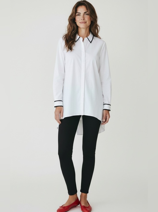 Chico's Tops - Chico's High-Low White Button-Down Shirt with Black Trim and Rhinestone Buttons.